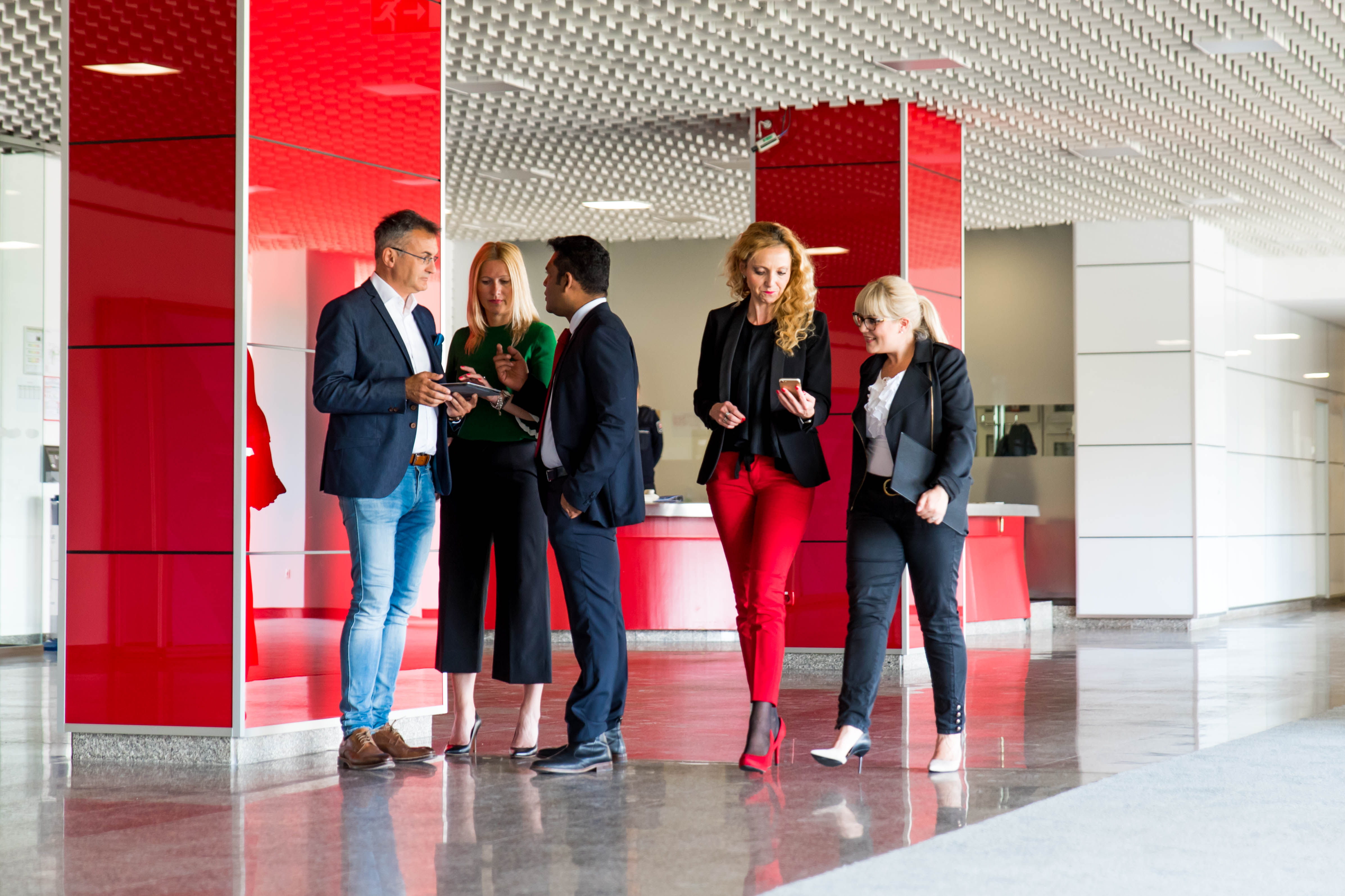 Modern office with red architectural elements